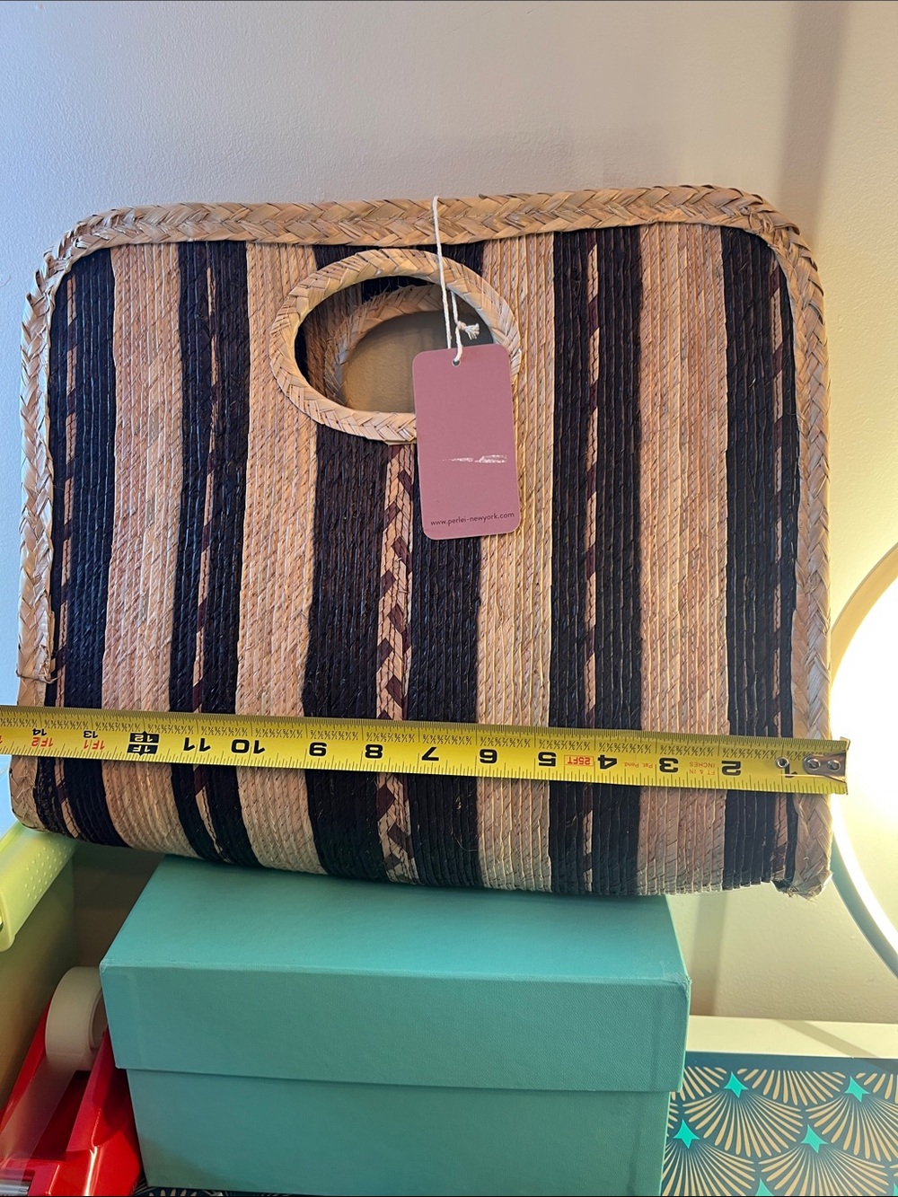 Pei Lei New York Square Straw Tote Black Natural Stripe Woven Handbag